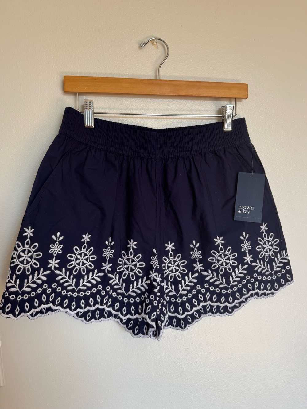crown & ivy Navy Shorts with White Floral Embroidery
